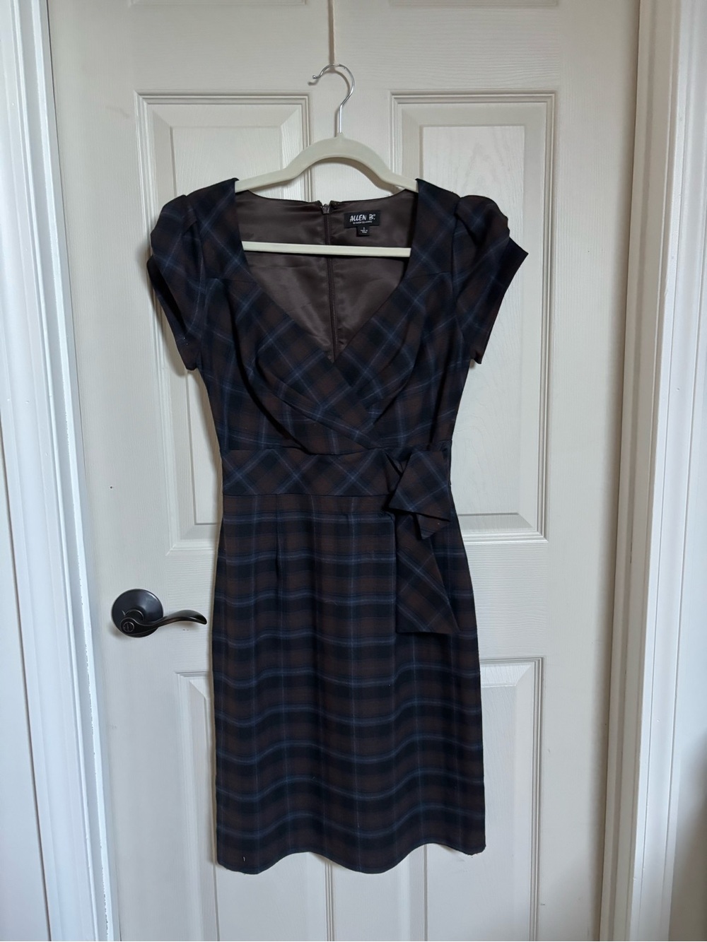 Allen B. By Allen Schwartz Brown Plaid Cap-Sleeve Dress with Blue Stripes